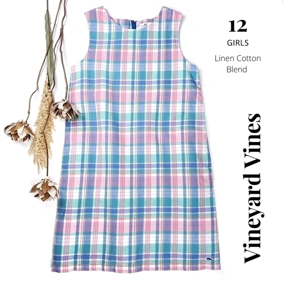 Vineyard Vines Blue Pink White Plaid Linen Blend Girls Pocketed Lined Dr… - Picture 1 of 12